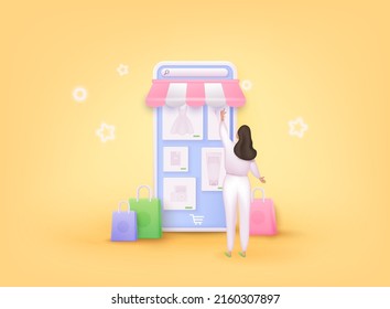 Mobile smart phone with shopp app. Online shopping concept. 3D Web Vector Illustrations.