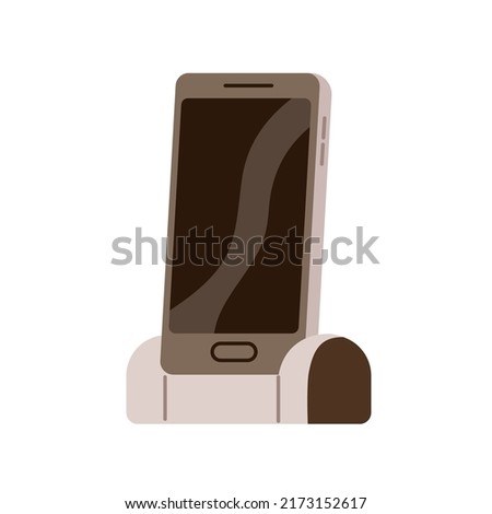 Mobile smart phone with touchscreen on charger base. First smartphone of 2010 type. Single-button cell device. 10s telephone gadget. Flat vector illustration isolated on white background