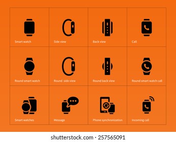 Mobile smart watch icons on orange background. Vector illustration.