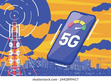 Teléfono inteligente móvil y torre de comunicación 5G. Antena de torre celular de transmisión. Equipo de difusión en red Cityscape. Teléfono inteligente y antena de telecomunicaciones por satélite. Ilustración vectorial plana