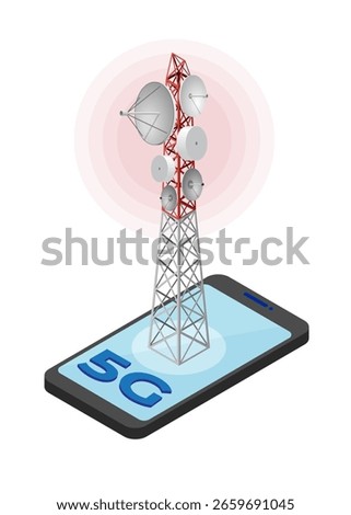 Mobile Smartphone and 5G Communication Tower. Transmission Cellular Tower Antenna. Network Broadcast Equipment Isolated. Smart Phone and Satellite Telecommunication Antenna. Flat Vector Illustration