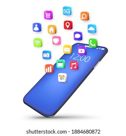 Mobile or smartphone with application icons isolated on white background as new technology concept. vector illustration.
