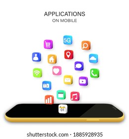 Teléfono móvil o smartphone con iconos de aplicación aislados en fondo blanco como concepto de nueva tecnología. ilustración vectorial.
