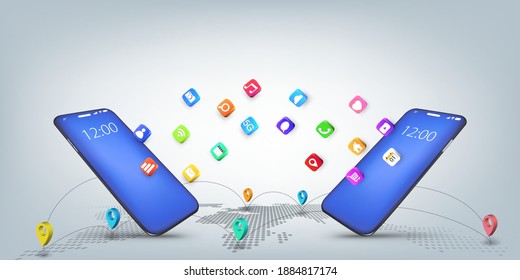 Teléfono móvil o smartphone con iconos de aplicación en el fondo de red global como nuevo concepto de tecnología y comunicación. ilustración vectorial.
