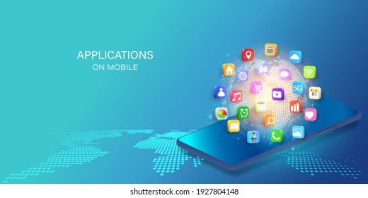 Mobile or smartphone with application icons on world map background as new technology concept. vector illustration.