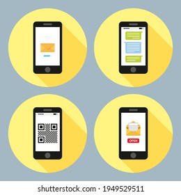 Smartphone móvil con iconos de aplicación en fondo blanco. Ilustración vectorial en un estilo plano. Notificación por correo electrónico en la pantalla del smartphone. Ilustración de estilo plano de un teléfono. Aparatos populares