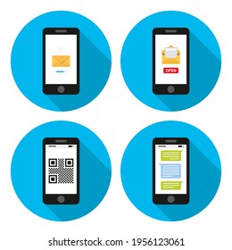 Smartphone móvil con iconos de aplicación en fondo blanco. Ilustración vectorial en un estilo plano. Notificación por correo electrónico en la pantalla del smartphone. Ilustración de estilo plano de un teléfono. Aparatos populares-01