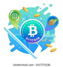 Mobile smartphone with Bitcoin cryptocurrency technology, Virtual electronic, Internet money business concept, Vector illustration