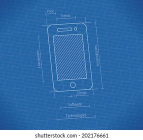 Mobile smartphone blueprint.  Concepts: digital technology trends, production, design, hardware components, software, quality, innovations ideas, electronics industry business, new cellphone models.