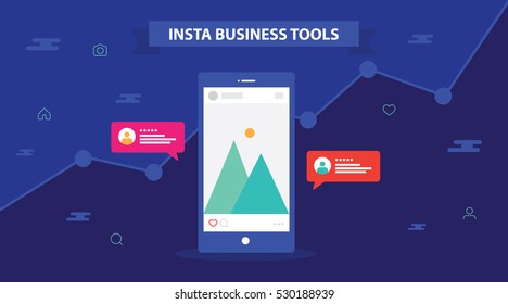 Mobile Smartphone business tools application buyer user response. Display screen surrounding by clouds. Header title vector illustration