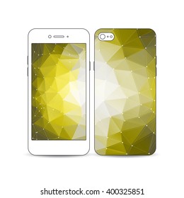 Mobile smartphone with an example of the screen and cover design isolated on white background. Molecular construction with connected lines and dots, scientific pattern on yellow polygonal background