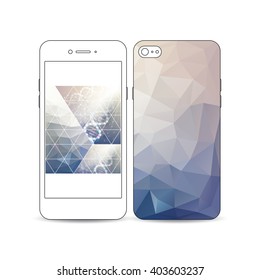 Mobile smartphone with an example of the screen and cover design isolated on white background. DNA molecule structure on a blue background. Science vector background.