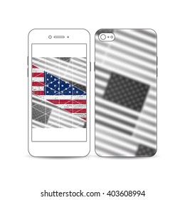 Mobile smartphone with an example of the screen and cover design isolated on white background. Memorial Day background with abstract american flag, vector illustration