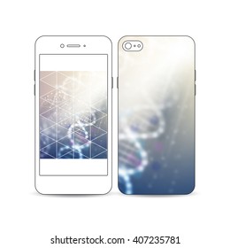 Mobile smartphone with an example of the screen and cover design isolated on white background. DNA molecule structure on a blue background. Science vector background.