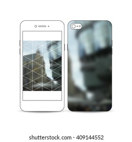 Mobile smartphone with an example of the screen and cover design isolated on white background. Abstract polygonal background, blurred image, urban landscape, modern stylish triangular vector texture.