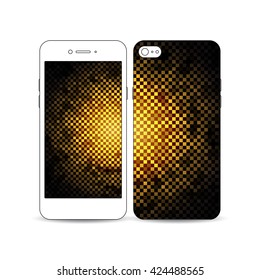 Mobile smartphone with an example of the screen and cover design isolated on white background. Abstract polygonal background, modern stylish square design golden vector texture.