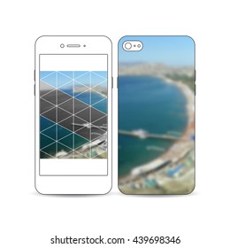 Mobile smartphone with an example of the screen and cover design isolated on white background. Colorful polygonal backdrop, blurred background, sea landscape, modern triangle vector texture.