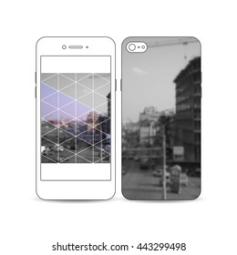 Mobile smartphone with an example of the screen and cover design isolated on white background. Polygonal background, blurred image, urban landscape, modern stylish triangular vector texture.
