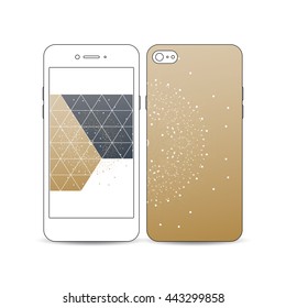 Mobile smartphone with an example of the screen and cover design isolated on white. Polygonal backdrop with connecting dots and lines, golden background, connection structure. Digital vector