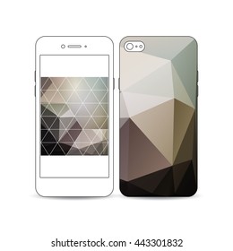 Mobile smartphone with an example of the screen and cover design isolated on white background. Abstract blurred background, modern stylish dark vector texture.