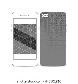 Mobile smartphone with an example of the screen and cover design isolated on white background. Microchip background, electrical circuits, construction with connected lines, digital design vector 