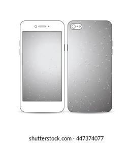 Mobile smartphone with an example of the screen and cover design isolated on white background. Molecular construction, connected lines and dots, scientific or digital design pattern on gray background