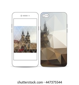 Mobile smartphone with an example of the screen and cover design isolated on white background. Polygonal background, blurred image, urban landscape, cityscape of Prague, modern triangular texture.