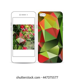 Mobile smartphone with an example of the screen and cover design isolated on white background. Colorful polygonal floral background, blurred image, red flowers on green, modern triangular texture.
