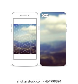 Mobile smartphone with an example of the screen and cover design isolated on white background. Colorful polygonal backdrop, blurred background, mountain landscape, modern triangle vector texture.