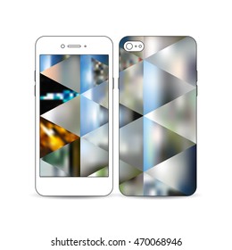 Mobile smartphone with an example of the screen and cover design isolated on white. Abstract colorful polygonal background, natural landscapes, geometric, triangular style vector illustration.