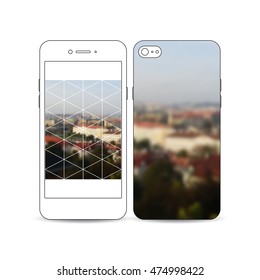 Mobile smartphone with an example of the screen and cover design isolated on white. Polygonal background, blurred image, urban landscape, Prague cityscape, modern triangular texture