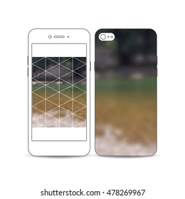 Mobile smartphone with an example of the screen and cover design isolated on white. Colorful polygonal backdrop, blurred natural background, modern stylish triangle vector texture