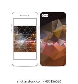 Mobile smartphone with an example of the screen and cover design isolated on white. Dark polygonal background, blurred image, night city landscape, car traffic, modern triangular texture