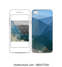 Mobile smartphone with an example of the screen and cover design isolated on white. Colorful polygonal backdrop, blurred background, sea landscape, modern triangle vector texture