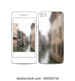 Mobile smartphone with an example of the screen and cover design isolated on white. Polygonal background, blurred image, urban landscape, modern stylish triangular vector texture