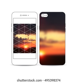 Mobile smartphone with an example of the screen and cover design isolated on white. Colorful polygonal backdrop, blurred natural background, amazing summer sunset view, modern triangle vector texture