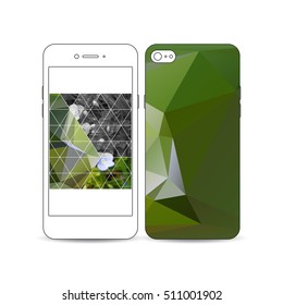 Mobile smartphone with an example of the screen and cover design isolated on white. Polygonal floral background, blurred image, blue flowers in green grass closeup, modern triangular texture