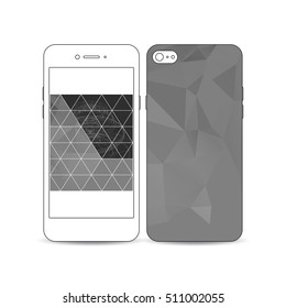 Mobile smartphone with an example of the screen and cover design. Connected lines, scientific or digital pattern on gray, science vector template.