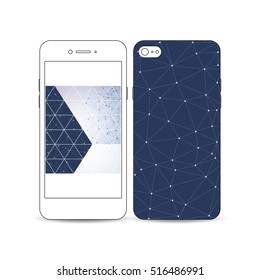 Mobile smartphone with an example of the screen and cover design isolated on white. Polygonal backdrop with connecting dots and lines, connection structure isolated on blue. Digital or science vector.