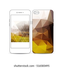 Mobile smartphone with an example of the screen and cover design isolated on white. Colorful polygonal backdrop, blurred natural background, modern stylish triangle vector texture
