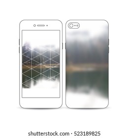 Mobile smartphone with an example of the screen and cover design isolated on white background. Colorful polygonal backdrop, blurred natural background, modern stylish triangle vector texture.
