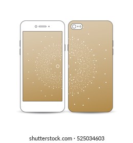 Mobile smartphone with an example of the screen, cover design isolated on white. Abstract polygonal backdrop, connecting dots and lines, golden background, connection structure. Digital vector.