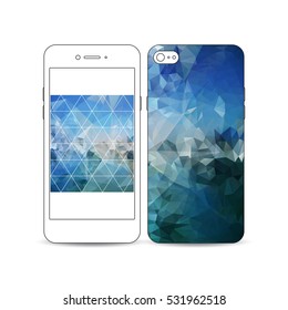 Mobile smartphone with an example of the screen and cover design isolated on white. Abstract blue polygonal background, colorful backdrop, modern stylish vector texture