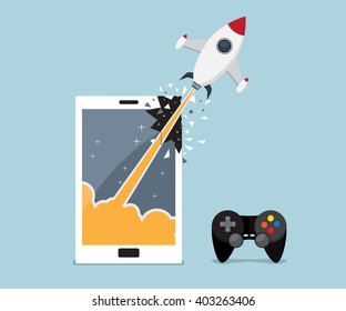 mobile, smartphone gaming application concept, rocket breaking through from  screen vector illustration