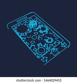 Mobile smartphone with gear mechanism. Phone as frame filled by items. Precision mechanism repair service. Isometric illustration