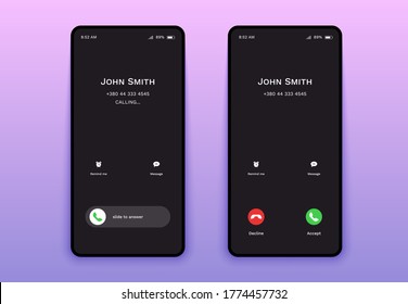 Mobile smartphone incoming call mockup. Phone interface screen accept decline button. Vector illustration.