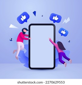 Smartphone móvil con iconos de notificación de Me gusta y gente pequeña volando por ahí. Medios sociales y concepto de marketing. Ilustración del vector