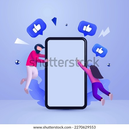Mobile smartphone with Likes notification icons and small people flying around. Social media and marketing concept. Vector illustration