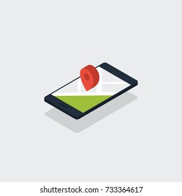 Mobile smartphone with navigation map on screen isometric flat design concept, vector illustration