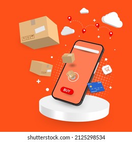 Un smartphone móvil en un podio blanco, con iconos alrededor de la nube, la tarjeta de crédito, el carrito y múltiples paquetes de cajas expulsados del teléfono móvil en Concept Online Shopping on Internet Stores.